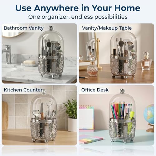 360°Rotating Toothbrush Holder with Cover, Dustproof Electric Toothbrush and Toothpaste Holder for Bathroom Countertop, 3 Slots Makeup Brush Organizer & Bathroom Storage (Transparent Gray)