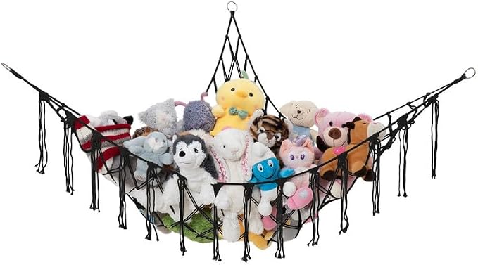 Lilly's Love Stuffed Animal Storage Macrame Hammock, Large - Boho Room Decor Toy Storage - Corner Hanging Plushie Stuffed Animal Net Organizer (Black)