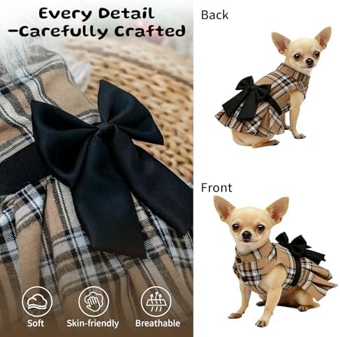 Classic Plaid Dog Dress with Bow Tie for Small Dogs Cats Girls, Cute Puppy Dresses Clothes with Bowknot Chihuahua French Bulldog Pet Apparel Outfits (Chestnut Brown, X-Small)