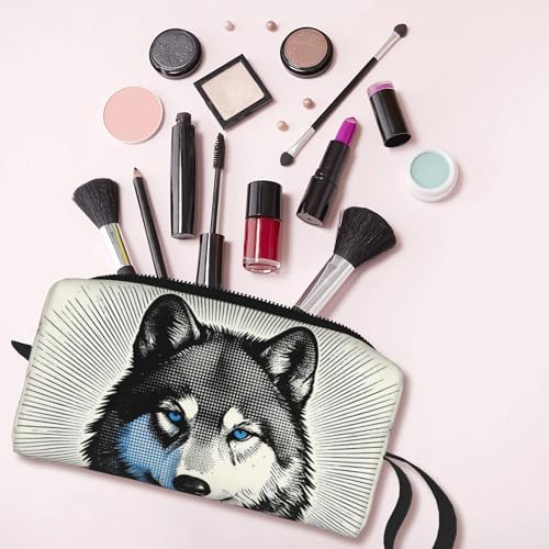 Blue Eyed Wolf Makeup Bag for Women with Wrist Strap | Durable 600D Oxford Fabric Cosmetic Organizer,Compact Travel Pouch with Handle for Gym & Daily Use