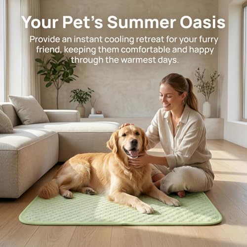 Pet Cooling Mat for Dogs and Cats, Ice Silk Self Cooling Pad for Summer, Washable Breathable Blanket for Travel Crate Car Seat, Portable Indoor Outdoor Bed for Large Medium Small Animals (M green)