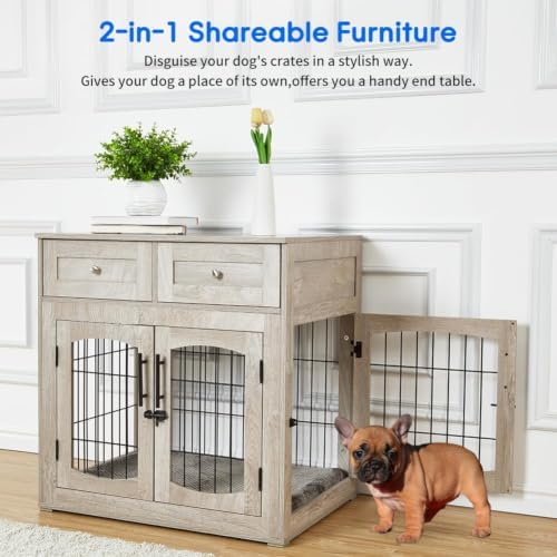 Dog Crate Furniture with Double Storage Drawers, Wooden Dog Kennel End Table Furniture Style Crate for Small, Medium & Large Dogs, Decorative Pet House with Storage, 32 Inch Gray Modern Dog Cage