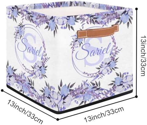 Personalized Storage Baskets for Organizing, Foldable Storage Bins with Handles Custom Cute Basket for Boys, Girls, Pet, Clothes, Blanket, Bedroom Nursery Toy Storage Gift,13 x13 x13 In, Purple Floral