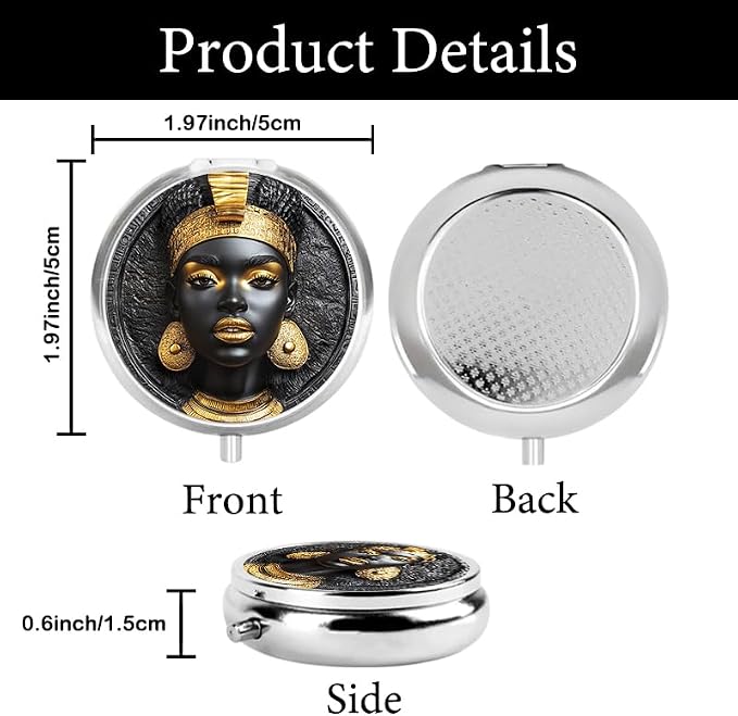 Portable Round 3 Compartment Metal Pill Box Black and Gold Pharaoh Head Wall Art for Travel Medication Organization Home Storage and Stylish Gifts