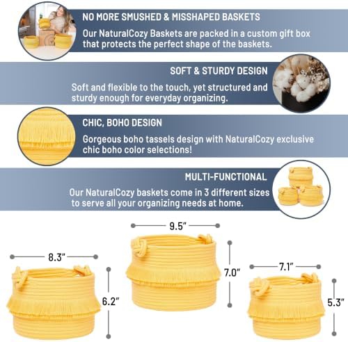 NaturalCozy 3-Piece Boho Decor Storage Basket Set – Cotton Rope Woven Baskets for Organizing! Small Basket for Baby Stuff, Baby Shower, Gift Basket, Nursery Basket, Planter, Toy Basket, Shelves
