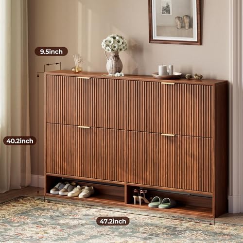 Evermagin 47.2''W Walnut Shoe Cabinet Storage for Entryway, Fluted Slim Shoe Dresser with 4 Flip Drawers, Narrow Shoe Rack Cabinet, Hidden Shoe Organizer Cabinet for Entrance, Hallway