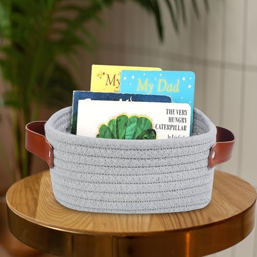 ABenkle Small Storage Basket, Mini Baskets, Cute Rope Woven Baskets for Organizing, Square Shelf Storage with Handle, Boho Decorative Toy Bin for Nursery, Spa, Empty Gift Basket - XS,Grey