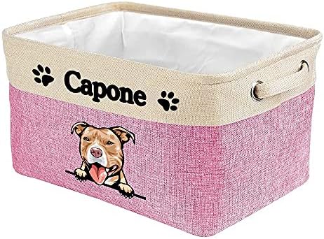 Custom Fabric Dog Toy Storage Basket with Funny Dog Pit Bull Collapsible Sturdy Fabric Pet Toys Storage Bin Cube with Handles for Organizing, Pink and White