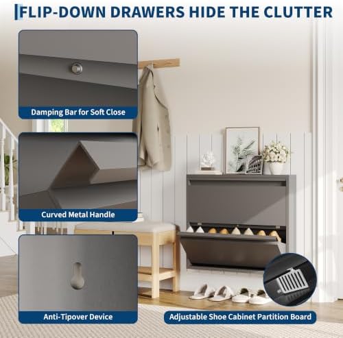 Garvee Slim Metal Shoe Cabinet with 2 Flip Drawers for Entryway, Dark Gray | Narrow Shoe Storage, Wall Mounted or Floor Standing, Detachable Bottom Corners for Flexible Placement, Anti-Tip Wall Mount