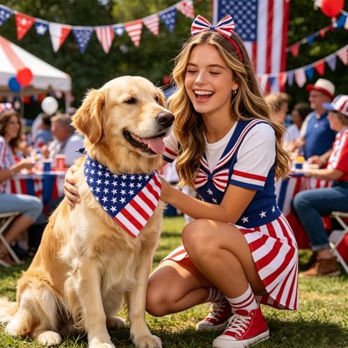 4th of July Dog Bandanas Dual-Layer 2 Pack, Patriotic American Flag Pet Reversible Triangle Scarf, Memorial Independence Day USA Bandana for Large and Extra Large Dogs(Large)