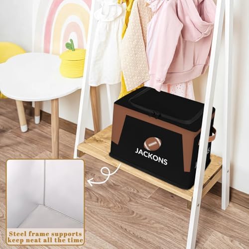 Custom Storage Basket with Zipper Lid, Football American Ball Foldable Fabric Storage Boxes Decorative Closet Shelves Clothes Organizer Container Cubes with Handle 1PCS