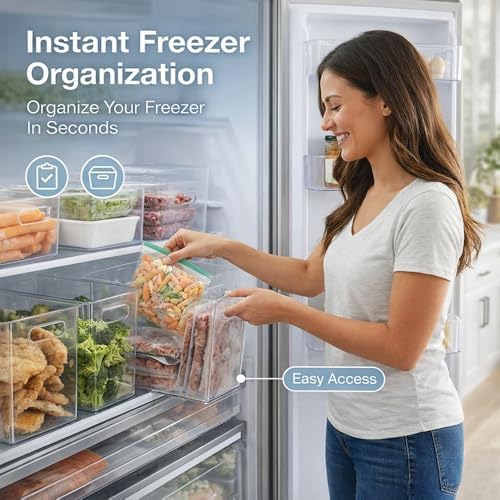 Crystal Clear Freezer Storage Bins, Clear Plastic Bins Stackable Pantry Drawer Plastic Organizers Containers with Handle for Refrigerator Fridge Cabinet Kitchen Countertops Cupboard (Clear L, 4Pcs)