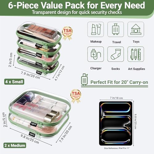 YQBRAO Clear Hard Shell Zipper Cases, 6 Travel Organizers, 2M 4S, Green