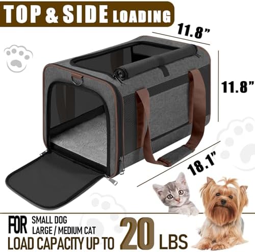 GAPZER Large Cat Carrier Soft, Collapsible Travel Pet Carry Bag, Small Dogs | Large Kitty Cat 20 lbs Maine Coon, Top Load Transport Small Puppy Dog Kennel, Yorkie Little Dog 10lbs, Ventilation Brown