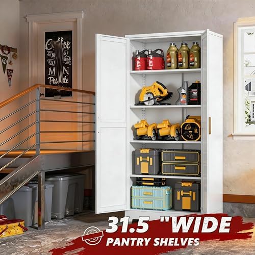 71" H Steel Storage Cabinet,Heavy Duty Tool Storage Cabinet,Metal Garage Storage Cabinets,Broom Closet Storage Cabinet,Utility Cabinet,White Storage Cabinets