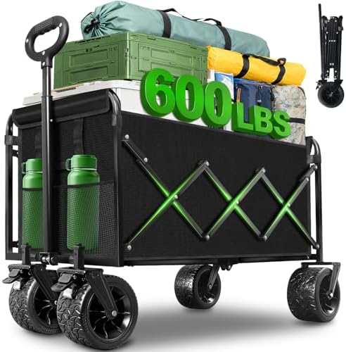 Folding Wagon Cart with All-Terrain Wheels – Heavy Duty Collapsible Utility Wagon for Grocery, Sports, Garden, Camping, Shopping (Black 600LBS)