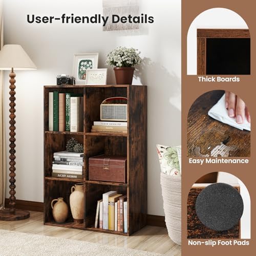 Giantex 6-Cube Bookcase, 3-Tier Cubby Bookshelf, Horizontal Vertical Display Rack with Anti-Tipping Kits, Modern Storage Organizer Shelf Unit for Living Room, Home Office, Rustic Brown | Horizontal Vertical Display Rack with Anti-Tipping Kits, Modern S...