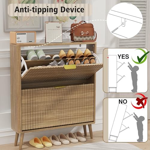 KIGOTY Narrow Shoe Storage Cabinet, Shoe Cabinet with 2 Flip Drawers, Freestanding Shoe Organizer with Legs for Entryway, Slim Shoe Rack Cabinet for Enterway (Yellow, 2 Flip Drawer)