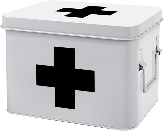 Flexzion Large Metal First Aid Box Empty, 8.5-Inch, White with Black Cross | Vintage Medicine Box and First Aid Storage Organizer with Removable Tray and Dividers; Empty Box Only, Supplies Not Included