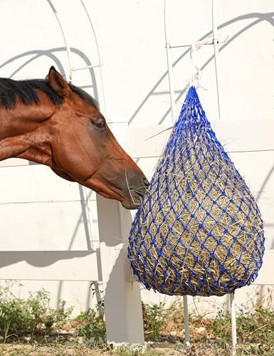 Harrison Howard Slow Feed Hay Net for Horses, 40 Inch Hay Bag Holds 1–2 Flakes, 2 Inch Mesh Durable Hanging Feeder for Stable, Pasture & Livestock-Blue