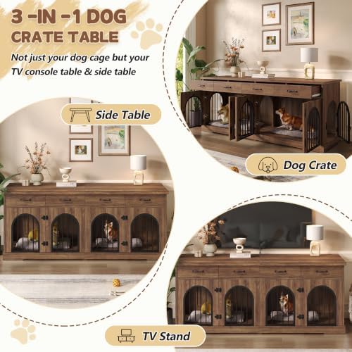 70.8" Large Dog Crate Furniture with Removable Divider/4 Storage Space | Multi‑Purpose Indoor Dog Kennel Works As Tv Stand End Table,Six Access Doors,For Small Medium Multi‑Dog Households