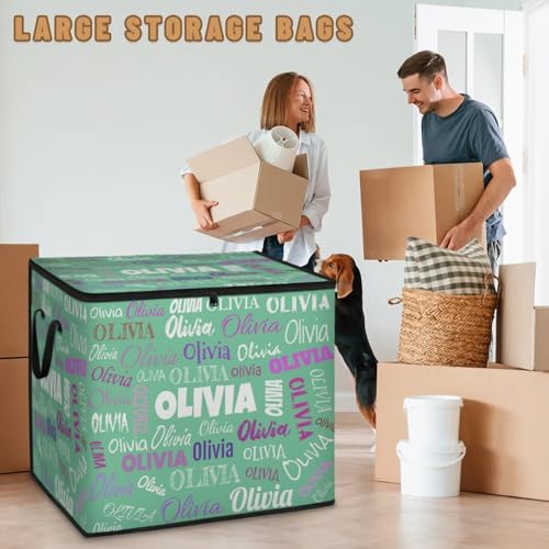 Personalized Extra Large Storage Basket with Lid, Comforters, Bedding Toys Storage Bin with Handles for Home, Collapsible Basket for Clothes, Moving, Car Trunk, mint Green Colorful Name