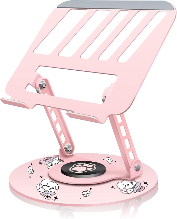 Upgraded Pink Swivel Laptop Stand - 360° Rotating Base & Foldable|Cute Dog Patterns for Healing Vibe|Fits MacBook & 13-15" Laptops|Ideal for Desk Work,Office,Travel,Home,Painting