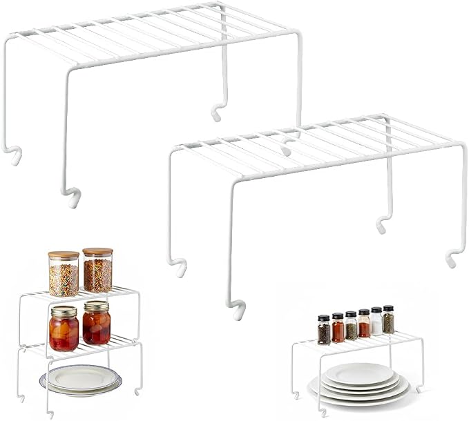2-Pack Small (10.8x5.3inch) White Stackable Shelf Organizer Rack, Kitchen Shelves Organization for Cabinet, Pantry Organizers and Storage, Wire Shelf Rack, Desk Organizer, Rustproof