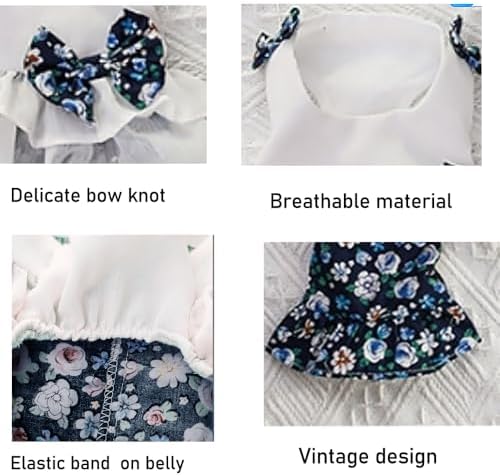 Vintage Floral Bowknot Sleeveless Romper for Small Dogs Cats Rabbits, Breathable Cotton Ruffle Flared Pants, Teacup to Small-Medium Pets for Walk Photo Vacation (Blue-Floral, Large)