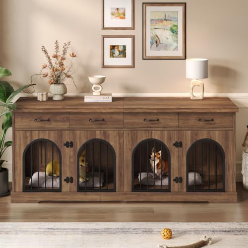 70.8" Large Dog Crate Furniture with Removable Divider/4 Storage Space | Multi‑Purpose Indoor Dog Kennel Works As Tv Stand End Table,Six Access Doors,For Small Medium Multi‑Dog Households