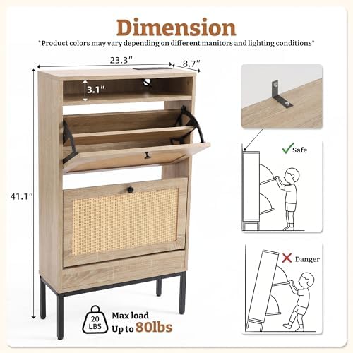 2 Flip Drawers Shoe Cabinet Storage for Kid’s/Women, Narrow Shoes Organizer Cabinetfor Front Door Entrance, Free Standing Hidden Wooden Shoe Rack (Wood)