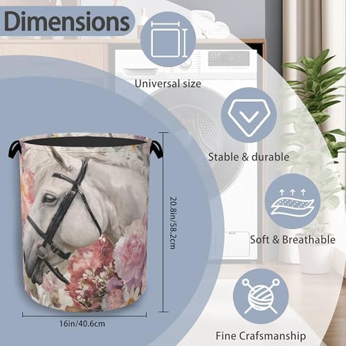 Horse Laundry Hamper,Pink Flowers Dirty Clothes Laundry Basket with Handles Waterproof Oxford Cloth Storage Basket for College Dorms Bathroom Bedroom 16" x 20.8"