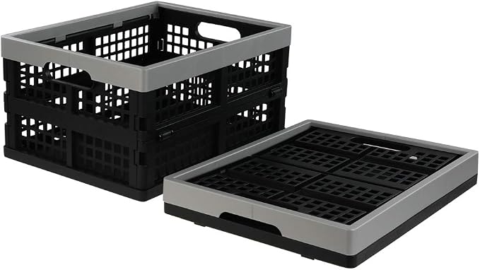 Jekiyo 16-Liter Plastic Folding Storage Crates, Collapsible Basket Set of 1 | Stackable, Black & Grey