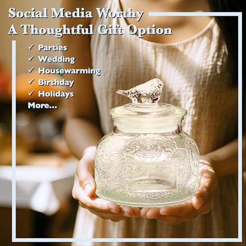 Decorative Flora Embossed Glass Jar with Glass Bird Lid, 25.4 fl. oz | Wide mouth vintage storage canister, kitchen pantry bathroom organization, coffee sugar tea cookie candy candle vase gift
