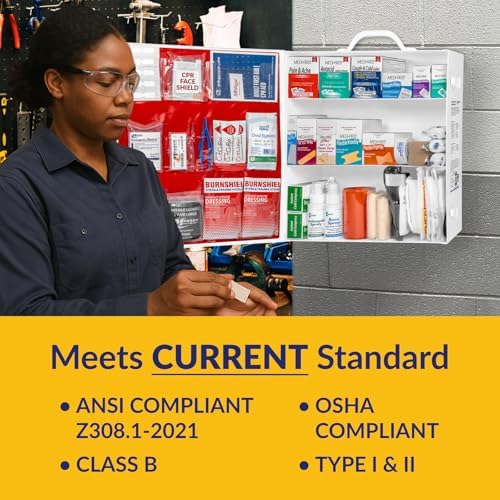 MFASCO OSHA/ANSI 2021 Class B First Aid Cabinet | 3-Shelf with Meds | Workplace emergency kit | 3-shelf with essential first aid items for offices, shops & facilities | ANSI Z308.1-2021 Compliant
