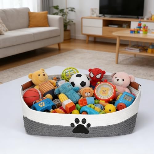 Woven Dog Toy Basket Large 100% Cotton Rope Basket for Dog Cats Toys Dog Toys Box for Living Room Area-Trapezoid Dog Toys Bin-Nursery Gift for Pet Toys,Collar,Leash,Blanket,Clothes-Grey