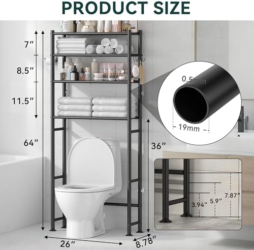 GloTika 4-Tier Over The Toilet Storage Shelves, Black | 200lb Total Capacity, Metal Bathroom Organizer with 36" Clearance, Includes Paper Holder & 4 Hooks, Suit for Small Space