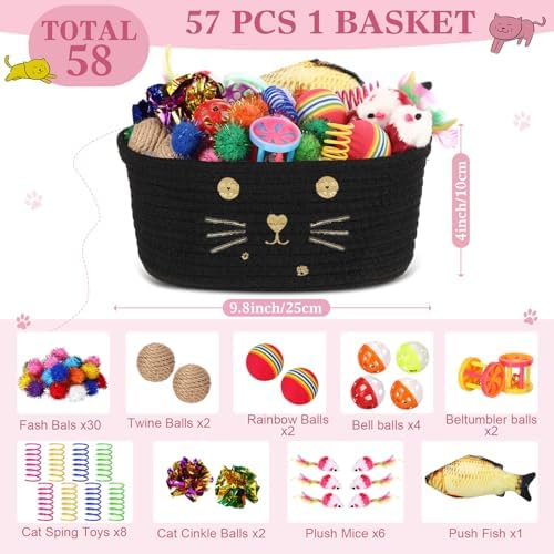 Zopeal 58 Pcs Summer Cat Storage Basket Gift Toys Set, Colorful Flashing Balls Pet Bell Crinkle Balls Spring Toys Attract Cat to Swat, Hunt, Interactive for Pet(Black,9.8 Inch)