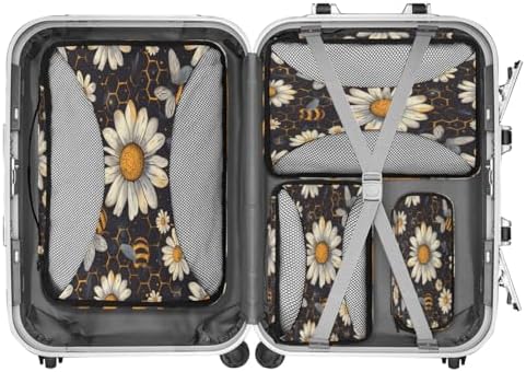 Honey Bumble Bee 4 Set Packing Cubes Luggage Organizer Bags for Travel Accessories and Essentials, Daisy Floral Bee