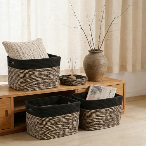 3 Pack Woven Baskets,Storage Baskets for Shelves with Handles | 13.5"×11"×9.5", Closet Baskets, Nursery Organizer for Toys Towels Books, Storage Bin for Living Room Bedroom (Black & Jute)
