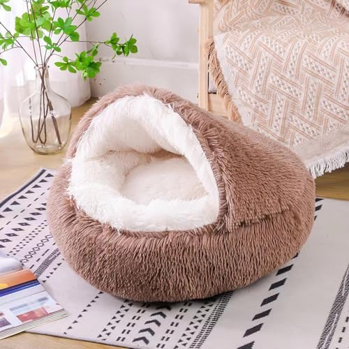 Round Fluffy Hooded Cat Bed Cave, Anti-Anxiety Cave Bed with Blanket | Hooded Cat Bed Cave, Cozy Cuddler Luxury Puppy Pet Bed, Anti-Slip Bottom and Machine Washable