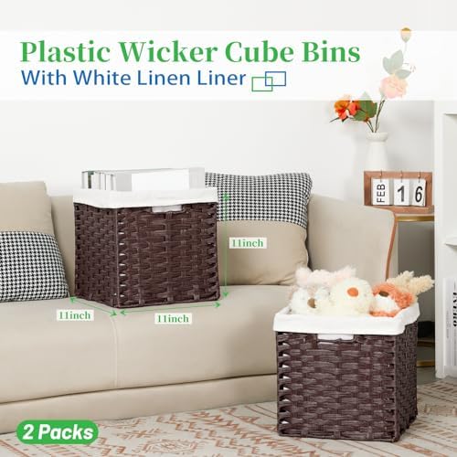 Bidtakay Wicker Storage Baskets with Liners 11x11 Storage Cube Bins for Organizing Imitation Rattan Woven Baskets 2-Pack Woven Storage Baskets with Handles for Pantry-Reddish Brown