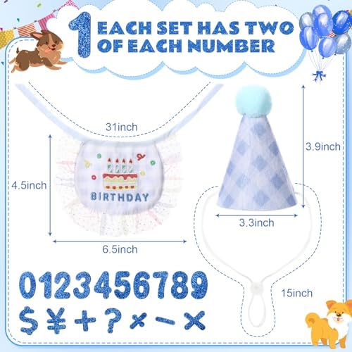 Chicingyou Dog Birthday Outfit Set Lace Bib Number Stickers, Cake, Blue