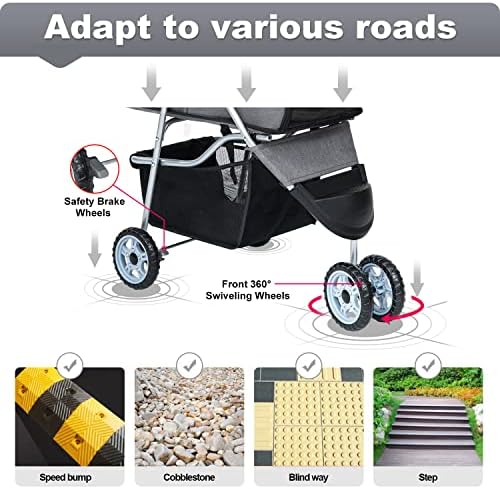 BestPet | 3-Wheel Foldable Pet Stroller | Grey | Lightweight & Portable | Travel Carrier with Mesh Windows, Storage Basket, Cup Holder, Safety Brakes, and Waterproof Fabric | For Small Dogs and Cats
