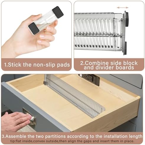 Pack of 4 Drawer Dividers, Adjustable Organiser Made of Crystal Clear Acrylic, Height 8 cm (27.5-51 cm Length), Includes Side Panels and Non-Slip Pads, for Kitchen, Bathroom, Office, Bedroom