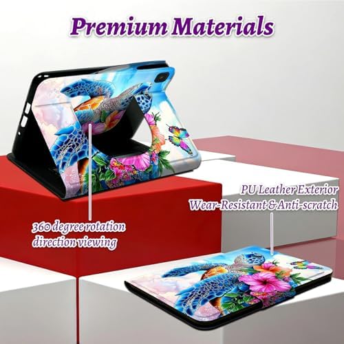 Rotating Handle Case for Samsung Galaxy Tab A7 Lite 2021 8.7", 360 Degree Swivel Kickstand with Magnetic Closure Shockproof Leather Protective Cover for Women Men, Turtle Pink Flower