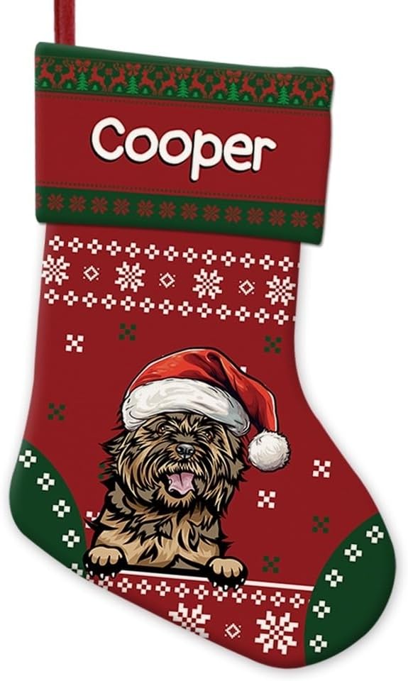 Personalized Christmas Stocking Cairn Terrier Dog Red Christmas Snowflake Xmas Holiday Stocking Fireplace Home Decor 14"