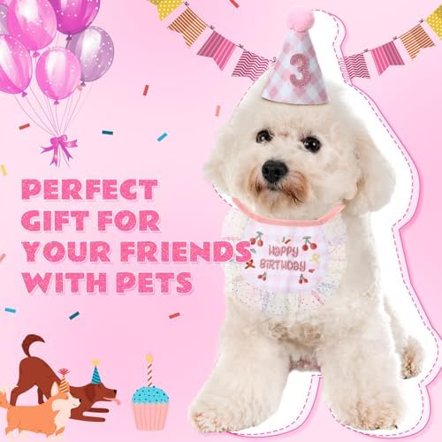 Chicingyou Dog Birthday Outfit Set Lace Bib Number Stickers,Cute,Pink
