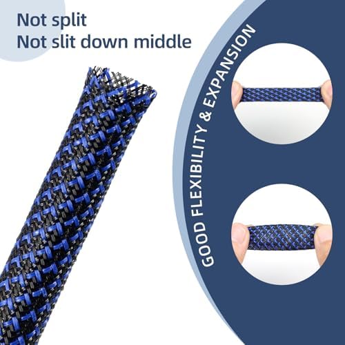 Braided Cable Sleeving, PET Expandable Braided Cable Sleeve, Flexible Mesh Sleeving Cord Management for Audio Video and Other Home Device, Cord Protector from Pets (Black Blue-2, 3/8")