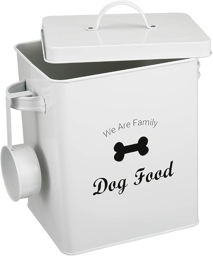 Geyecete Pet Treat and Food Storage Tin with Lid - 5lbs Capacity - Serving Scoop Included … -DOG